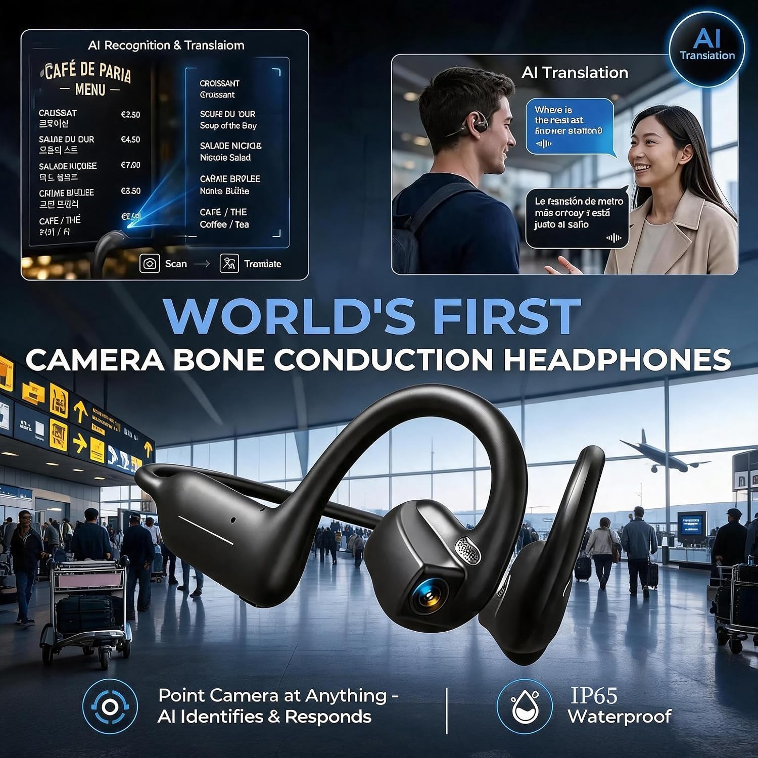 E12 Bone Conduction Headphones with Camera, Open-Ear, Comfort Fit, Hi-Fi | Hands-Free POV Camera, AI Translation & Smart Conversation, Wireless Bluetooth Sport Earphones with App for Running & Travel