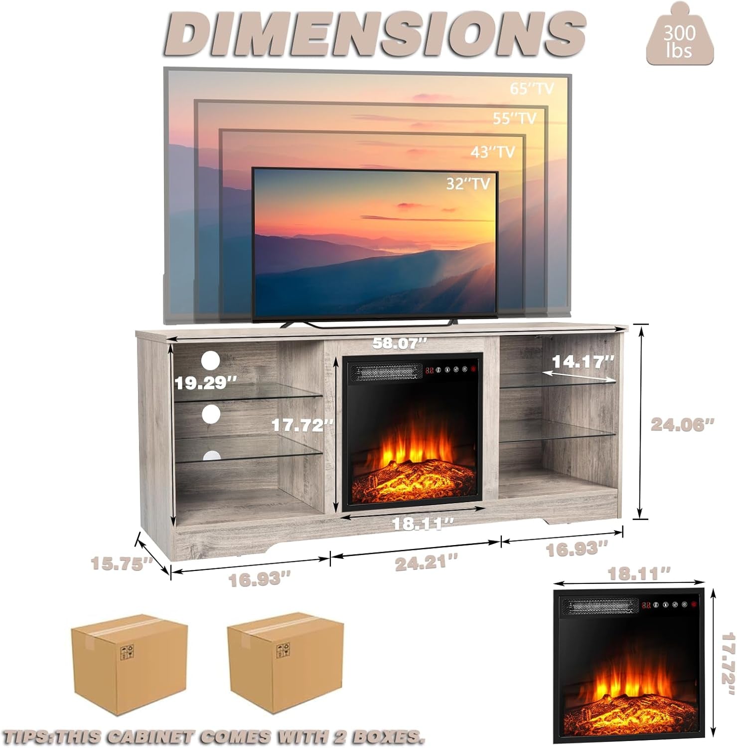 LEMBERI Fireplace TV Stand for up to 65 Inches Tvs, LED Modern Entertainment Center with Built-In Electric Fireplace Heater & Adjustable Glass Shelves, Media Console for Living Room, Grey