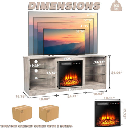 LEMBERI Fireplace TV Stand for up to 65 Inches Tvs, LED Modern Entertainment Center with Built-In Electric Fireplace Heater & Adjustable Glass Shelves, Media Console for Living Room, Grey