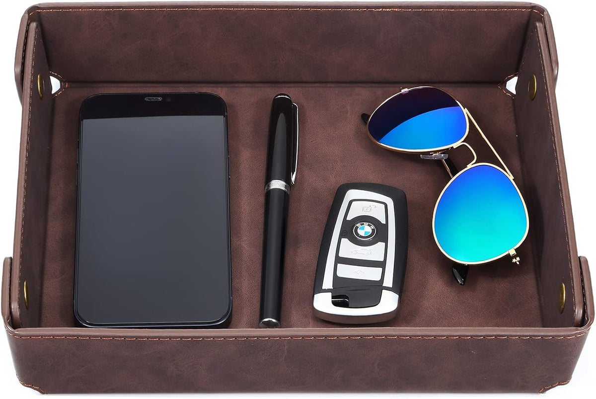 CASIRENA Faux Leather Valet Tray Organizer for Men - Catch-All Tray for Entryway Table Key, Wallet, Watch, Coin Change, Phone, Dresser EDC Dump Jewelry, Bedside Nightstand Desk-Top