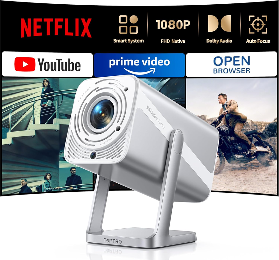 [4K Support/Auto Focus/360°Adjustable Stand]Smart-Projector-4K with Wifi 6 and Bluetooth5.2, Native 1080P Mini Portable Projector, Dolby Audio, TOPTRO Outdoor Movie Proyector Compatible with Netflix