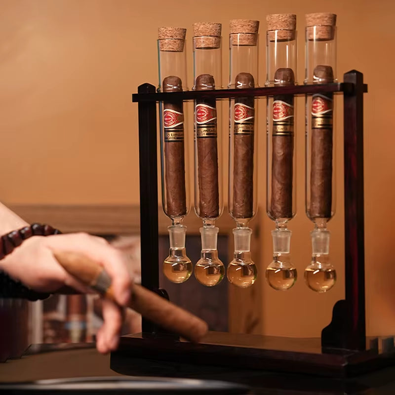 Glass Cigar Tubes Humidor Set Cigar Flavor Infuser Ball Base & Wooden Plug Cigar Incense Glass Tube Set