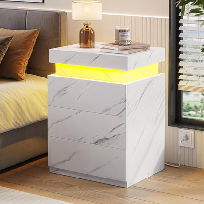 Bedroom Nightstand Charging Station LED Lights Sliding Top Drawers