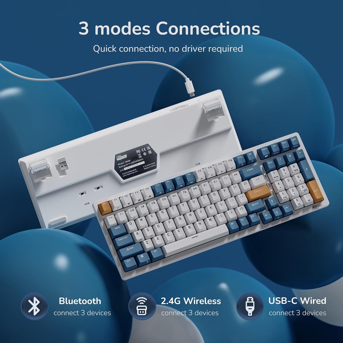 RK ROYAL KLUDGE RK98 Wireless Mechanical Keyboard, Tri-Mode 2.4G/BT5.1/USB-C Hot Swappable Full Size Keyboard, RGB Backlit Gaming Keyboard, Massive Battery Software Support, Brown Switch