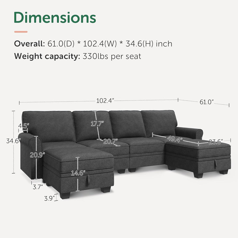 HONBAY Sectional Sofa with Storage Seat U Shaped Sectional Couch with Reversible Chaise Convertible Sectional Couches for Living Room,Dark Grey
