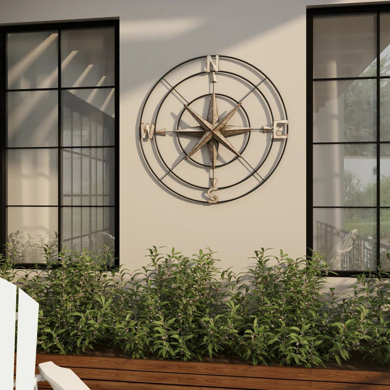 Metal Indoor Outdoor Compass Home Gray Wall Decor with Distressed Copper like Finish