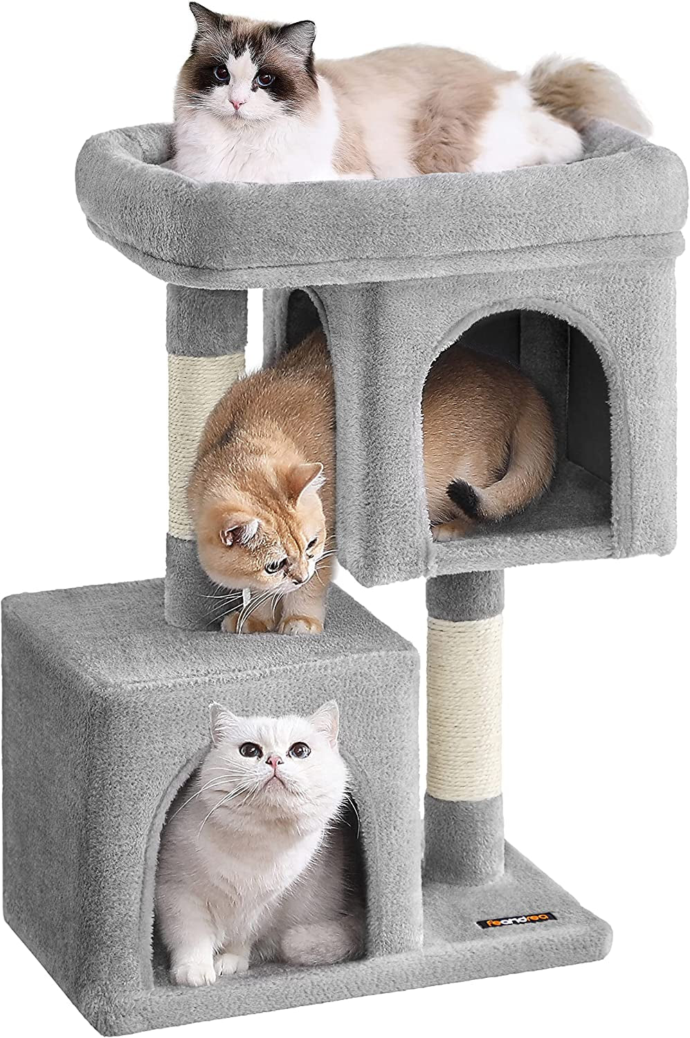 Feandrea Cat Tree, 33.1-Inch Cat Tower, Plush Condo for Large Cats up to 16 Lb, Large Perch, 2 Caves, Scratching Post, Light Gray UPCT61W