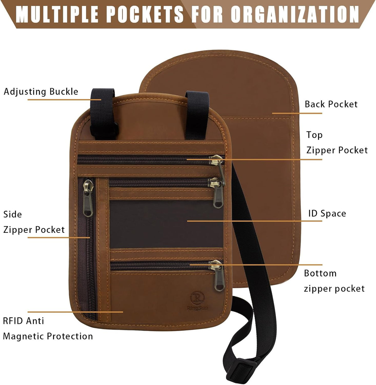 RFID-Blocking Leather Travel Passport Wallet with Adjustable Strap