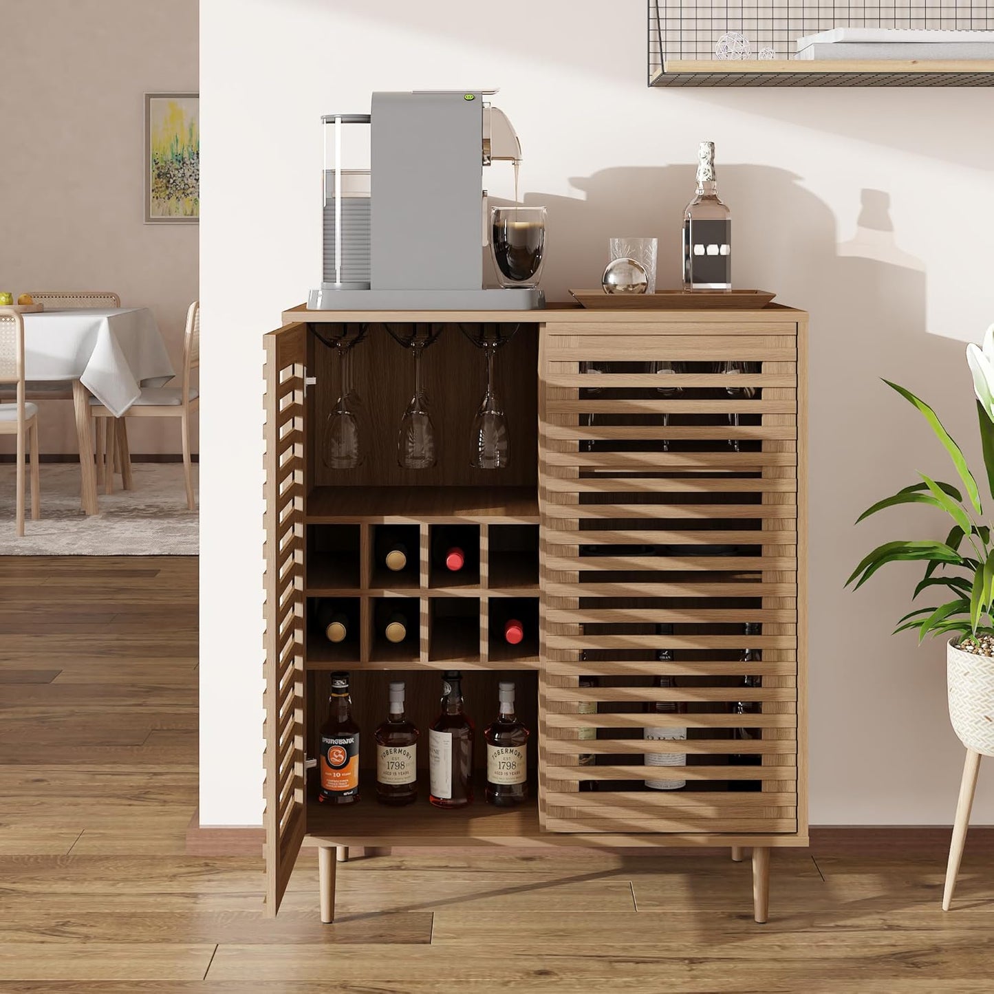 ZOSQUARE Mid Century Bar Cabinet with Wine Racks, Modern Liquor Cabinet with Slatted Doors for Dining Room, Living Room (Natural Color)
