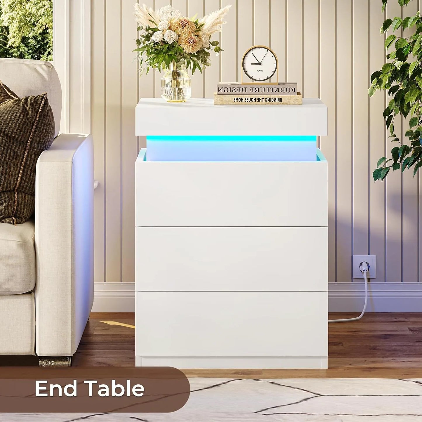Bedroom Nightstand Charging Station LED Lights Sliding Top Drawers