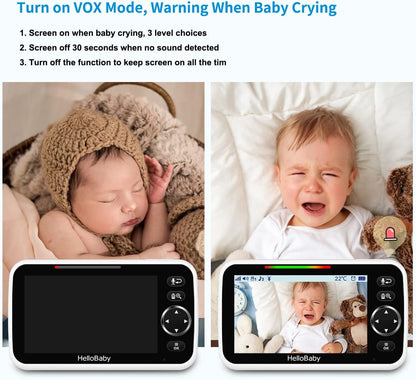 No Wifi Baby Monitor 5" Screen 30-Hour Battery Pan-Tilt-Zoom Video Upgrade with Camera and Audio, Night Vision, VOX, 2-Way Talk, 8 Lullabies and 1000Ft Range