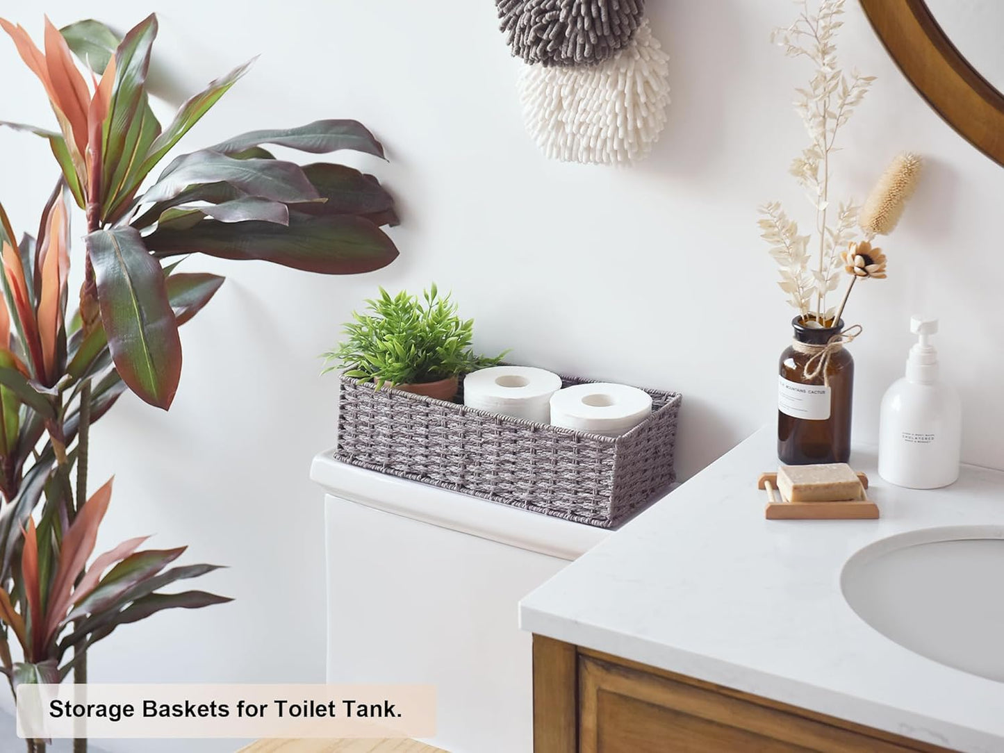 Storageworks round Paper Rope Toilet Tank Topper Basket, Wicker Basket for Bathroom, Gray, 2-Pack