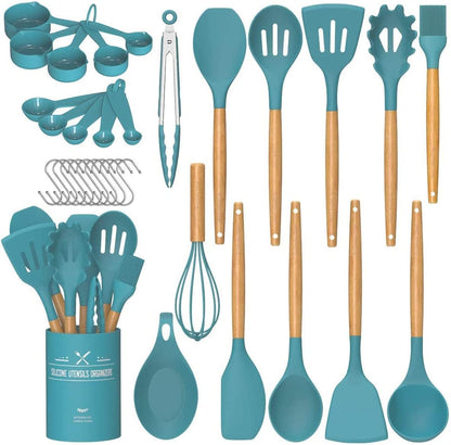 Umite Chef Kitchen Cooking Utensils Set, 33 Pcs Non-Stick Silicone Cooking Kitchen Utensils Spatula Set with Holder, Wooden Handle Silicone Kitchen Gadgets Utensil Set (Khaki)