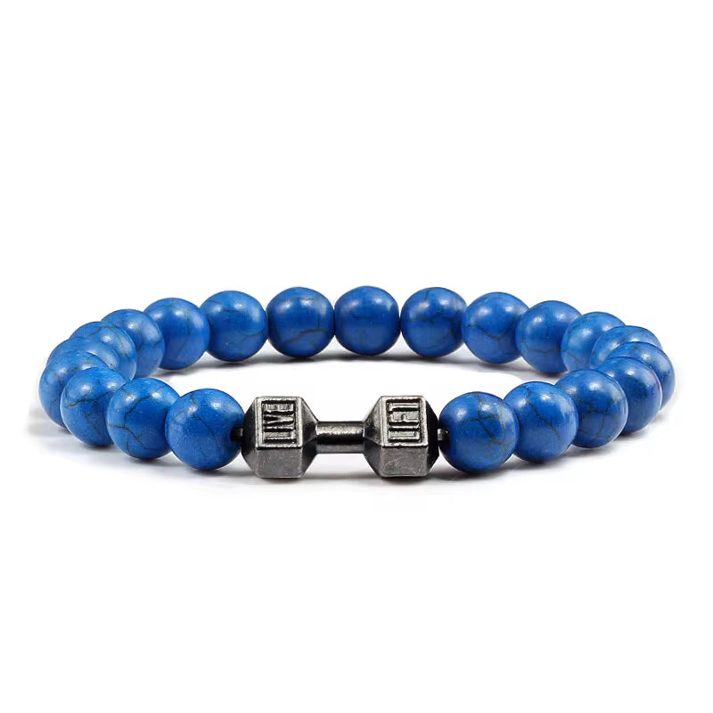 ForgeFit™ Volcanic Stone Fitness Bracelet / Natural Volcanic Stone Bracelet Men Matte Black Lave White Beads Charm Dumbbell Strand Bracelets Women Barbell Fitness Jewelry