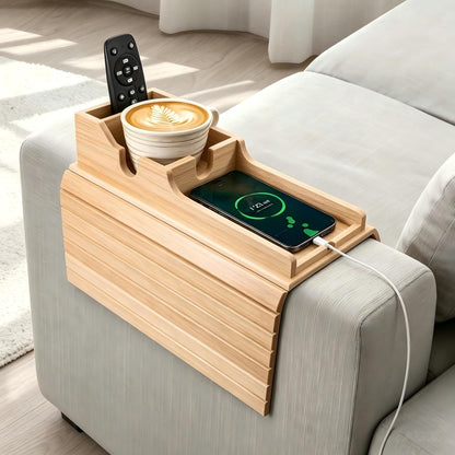 Yoshiky Bamboo Couch Armrest Table, Couch Arm Tray with Removable Couch Cup Holder, 2 in 1 Design Foldable Anti-Slip Bamboo Couch Tray and Sofa Cup Holder for Drink