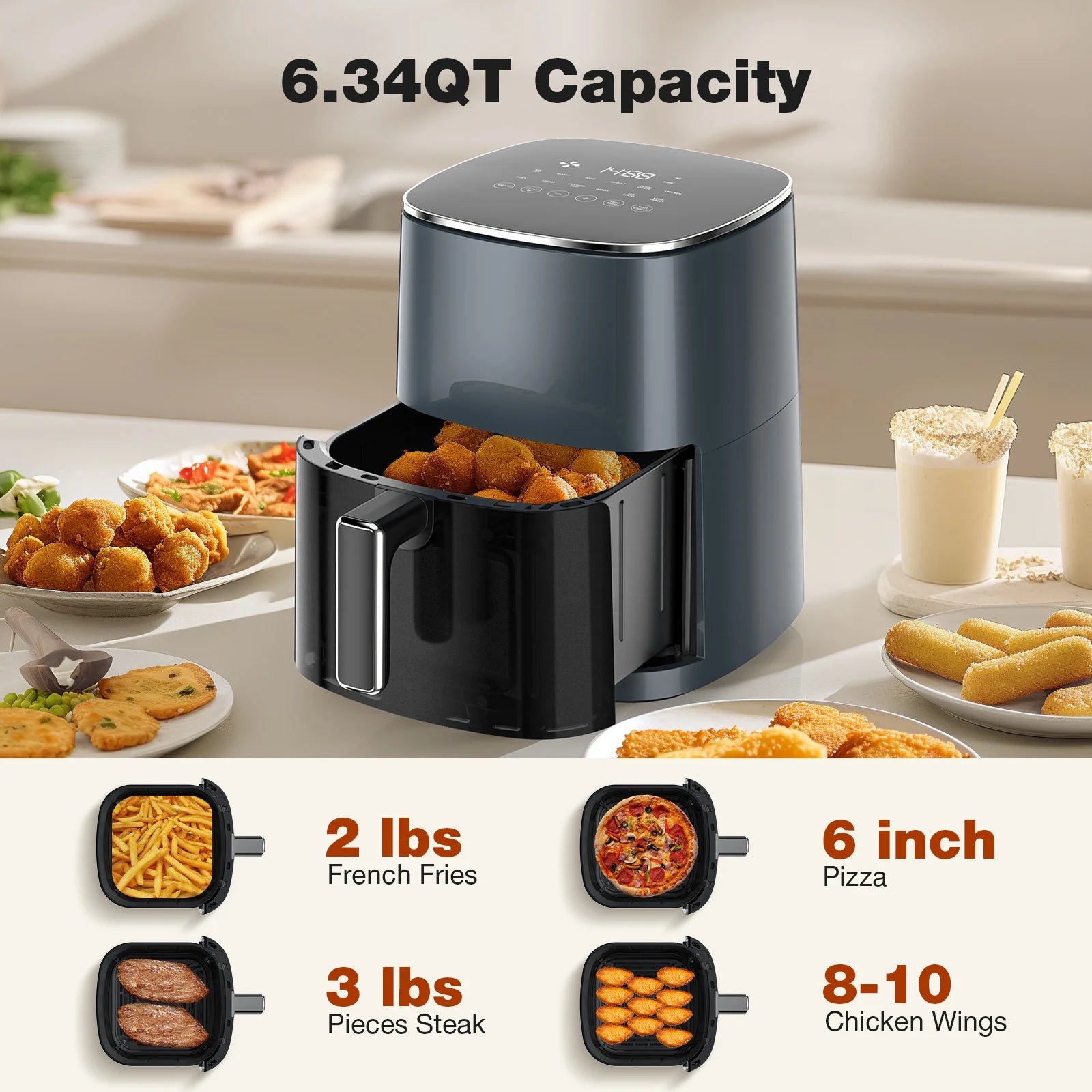 CONCETTA Air Fryer 6 Quart Capacity with Window Square Air Fryer 12-In-1 Air Fry, Roast, Reheat, Dehydrate, Bake, Steam with 400F Grey