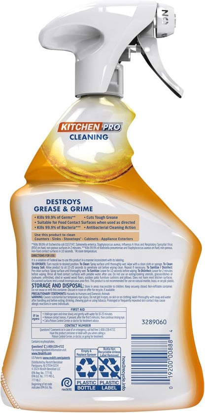 Lysol Pro Kitchen Spray Cleaner and Degreaser, Antibacterial All Purpose Cleaning Spray for Kitchens, Countertops, Ovens, and Appliances, Citrus Scent, 22Oz