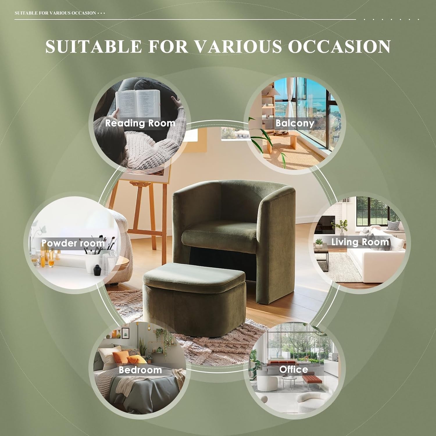 COLAMY Velvet Morden Living Room Chair with Storage Ottoman, Barrel Accent Chair with Lounge Seat for Bedroom/Reading Spaces, Green