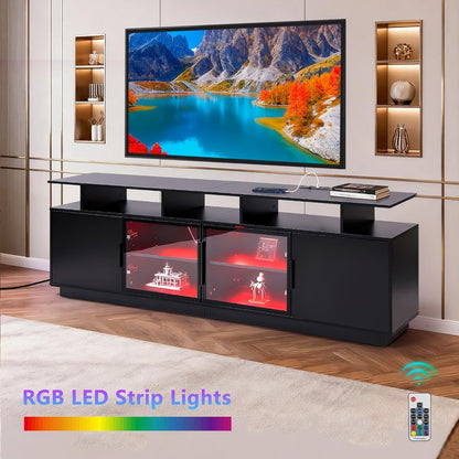 70 Inch Black TV Stand with LED Lights, Power Strips, and USB Charging Station for Mobile Phones, Transparent Glass Door Storage Cabinet, Entertainment Center with Large Storage Space