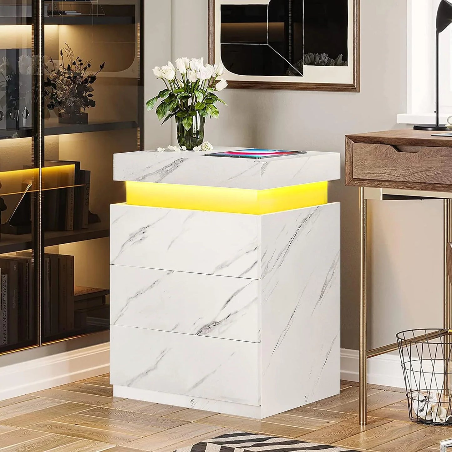 Bedroom Nightstand Charging Station LED Lights Sliding Top Drawers