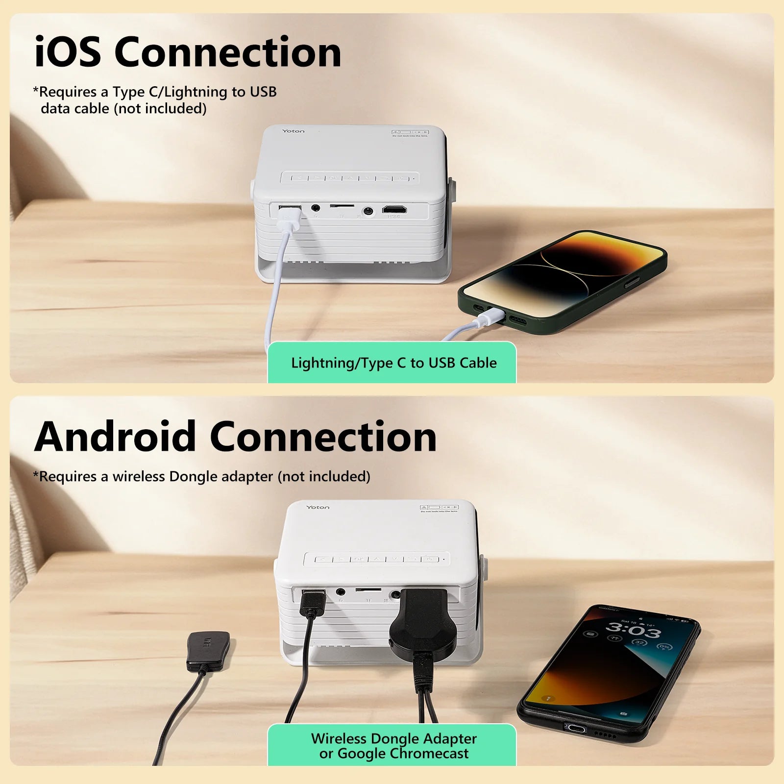 Cocobear Portable Mini Projector with Auto Keystone and 360 Degree Rotation, 720P Small Projector with Zoom, Plug and Play Compatible with Iphone Android HDMI USB TV Stick, Compact Home Theater Proje