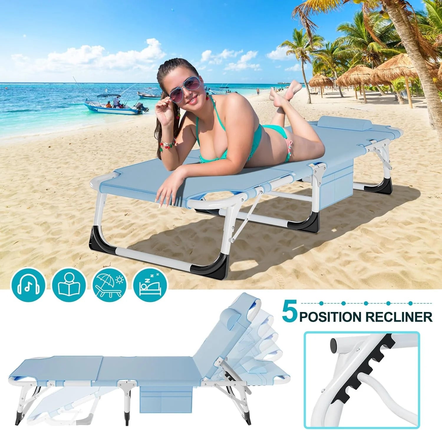 Slsy 3 in 1 Sun Tanning Chair Oversized with Mat & Face Arm Hole, 5-Position Heavy Duty Folding Chaise Outdoor Lounge Chair W/ Pillow, for Beach, Pool, Lawn, Yard, Patio