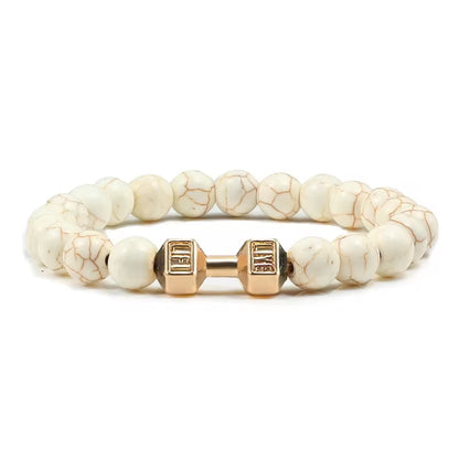 ForgeFit™ Volcanic Stone Fitness Bracelet / Natural Volcanic Stone Bracelet Men Matte Black Lave White Beads Charm Dumbbell Strand Bracelets Women Barbell Fitness Jewelry