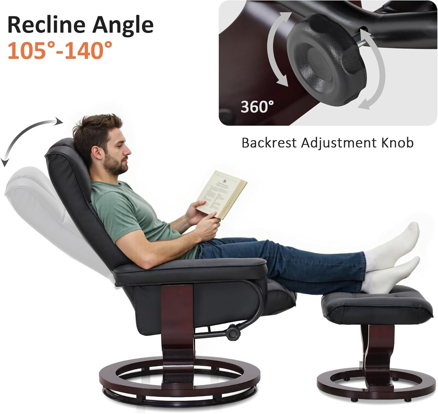 Mcombo Manual Swivel Recliner with Ottoman, Chair Ottoman Set for RV Small Spaces, Living Room, Bedroom, Office 9019 4919 (Faux Leather, Black)