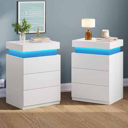 Bedroom Nightstand Charging Station LED Lights Sliding Top Drawers