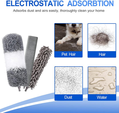 Microfiber Duster Kit (11PCS) - Washable Dusters with Extension Pole (30 to 100 In) for Cleaning Ceilings, Fans, Furniture