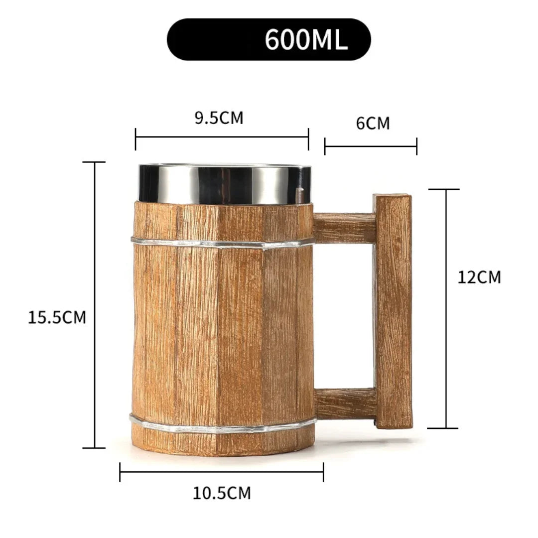 Viking Wood Style Beer Mug 3D Resin Stainless Steel Coffee Cup Wine Glass Metal Double Wall Mug Beer Jug Cup Thermal
