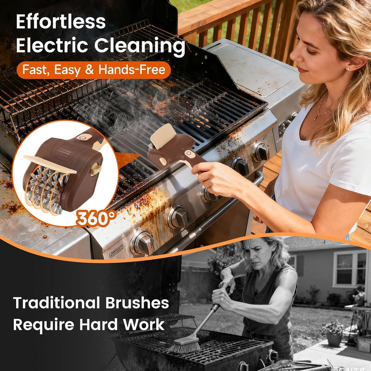 Electric Grill Brush, Cordless Rechargeable BBQ Cleaner with 700 RPM Power
