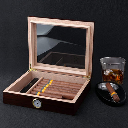 Handmade Cigar Humidor, Cedar Cigar Desktop Box with Humidifier and Hygrometer, Glass Top for 25 Cigars (20-25 Cigars)