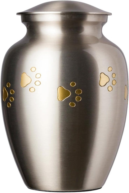 Ottillie Paws Legacy Series Pet Urn for Dogs and Cats, Handmade Brass Memorial Cremation Urn (Small - Pets up to 25 Lbs, Pewter, Vertical Brass Paws)