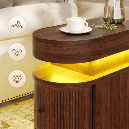 Bedroom Nightstand Charging Station LED Lights Sliding Top Drawers