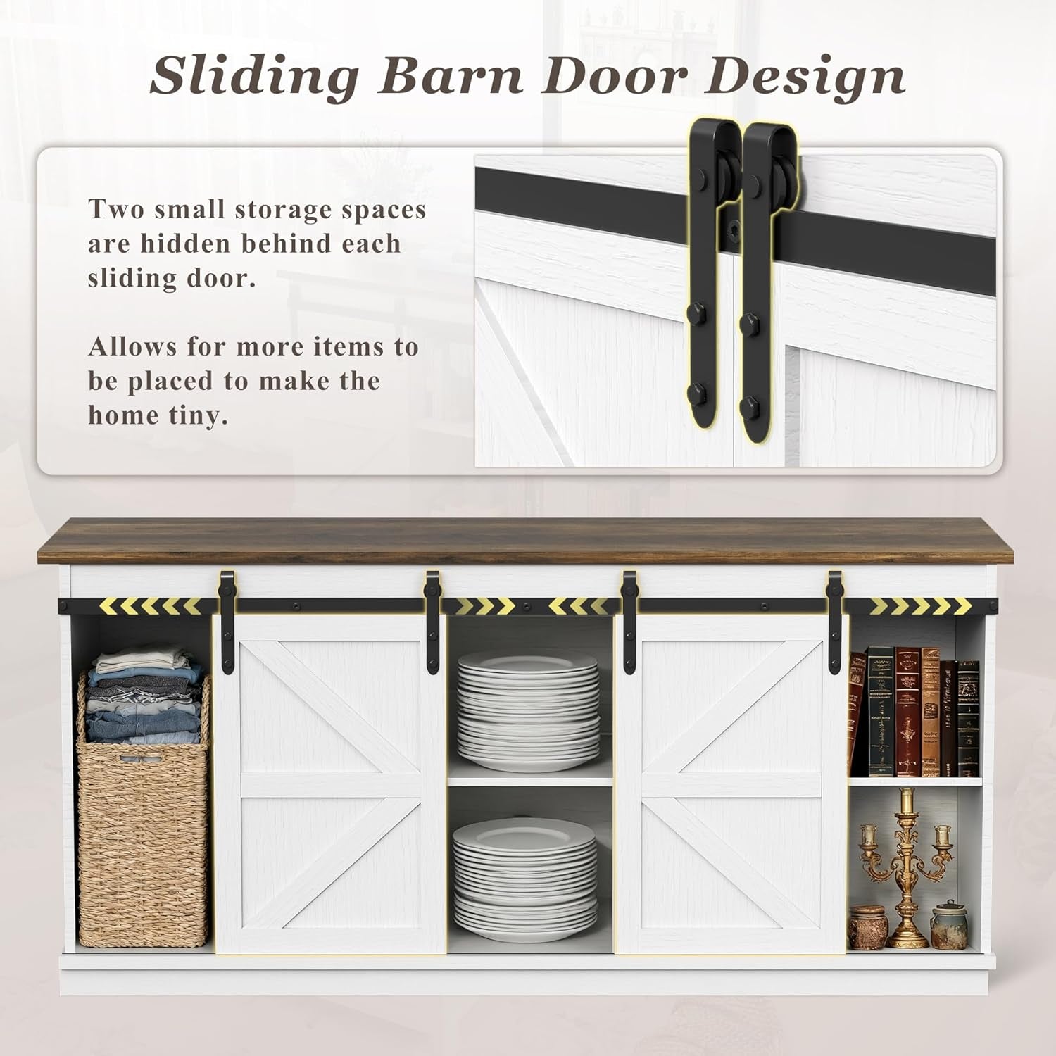 YESHOMY Farmhouse TV Stand for Televisions up to 65 Inches, Sliding Barn Doors and Storage Cabinets, Console Table and Media Furniture for Living Room, 58 Inch, Milk White