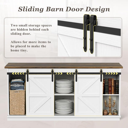 YESHOMY Farmhouse TV Stand for Televisions up to 65 Inches, Sliding Barn Doors and Storage Cabinets, Console Table and Media Furniture for Living Room, 58 Inch, Milk White