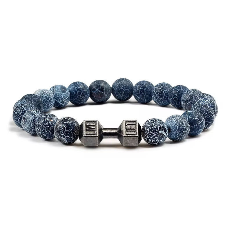 ForgeFit™ Volcanic Stone Fitness Bracelet / Natural Volcanic Stone Bracelet Men Matte Black Lave White Beads Charm Dumbbell Strand Bracelets Women Barbell Fitness Jewelry