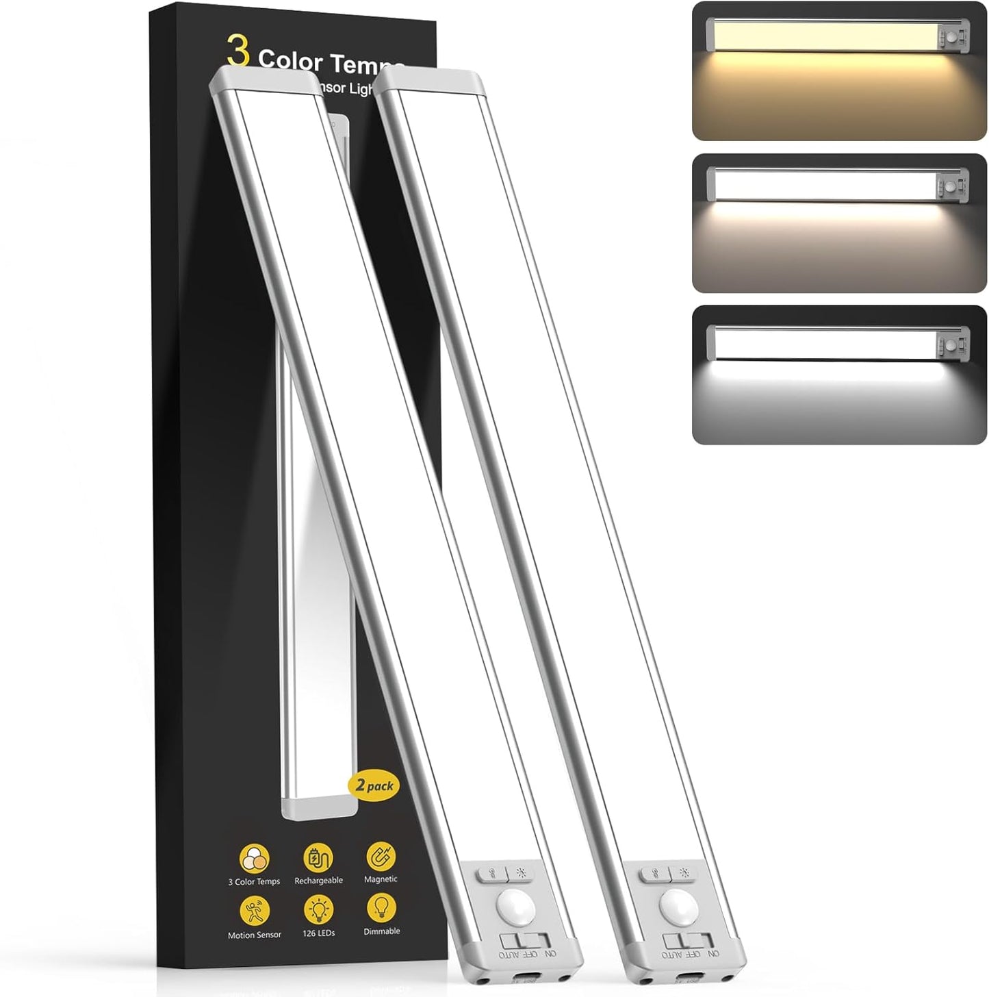 14.7Inch under Cabinet Lighting, 2 Pack Rechargeable Motion Sensor Light Indoor, 5 Levels Dimmable Magnetic Closet Lights, Wireless under Counter Lights for Kitchen, Stairs,Hallway