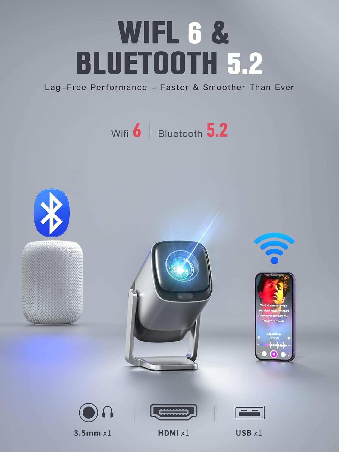 [Compatible with Netflix & TOF Real-Time Focus] Mini Projector with Wifi and Bluetooth, Xuanpad Silver Smart Projector 4K Support, Dolby Audio & Keystone, 210° Rotatable Stand for Home