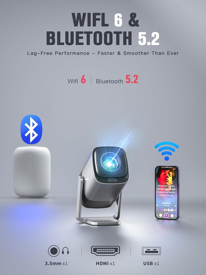[Compatible with Netflix & TOF Real-Time Focus] Mini Projector with Wifi and Bluetooth, Xuanpad Silver Smart Projector 4K Support, Dolby Audio & Keystone, 210° Rotatable Stand for Home