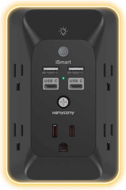 Outlet Extender with Night Light, HANYCONY Multi Plug Outlet, USB Wall Charger Surge Protector 4 USB Ports(1 USB C), Power Strip Electrical Outlet Splitter Expander for Home Office Dorm Room, ETL