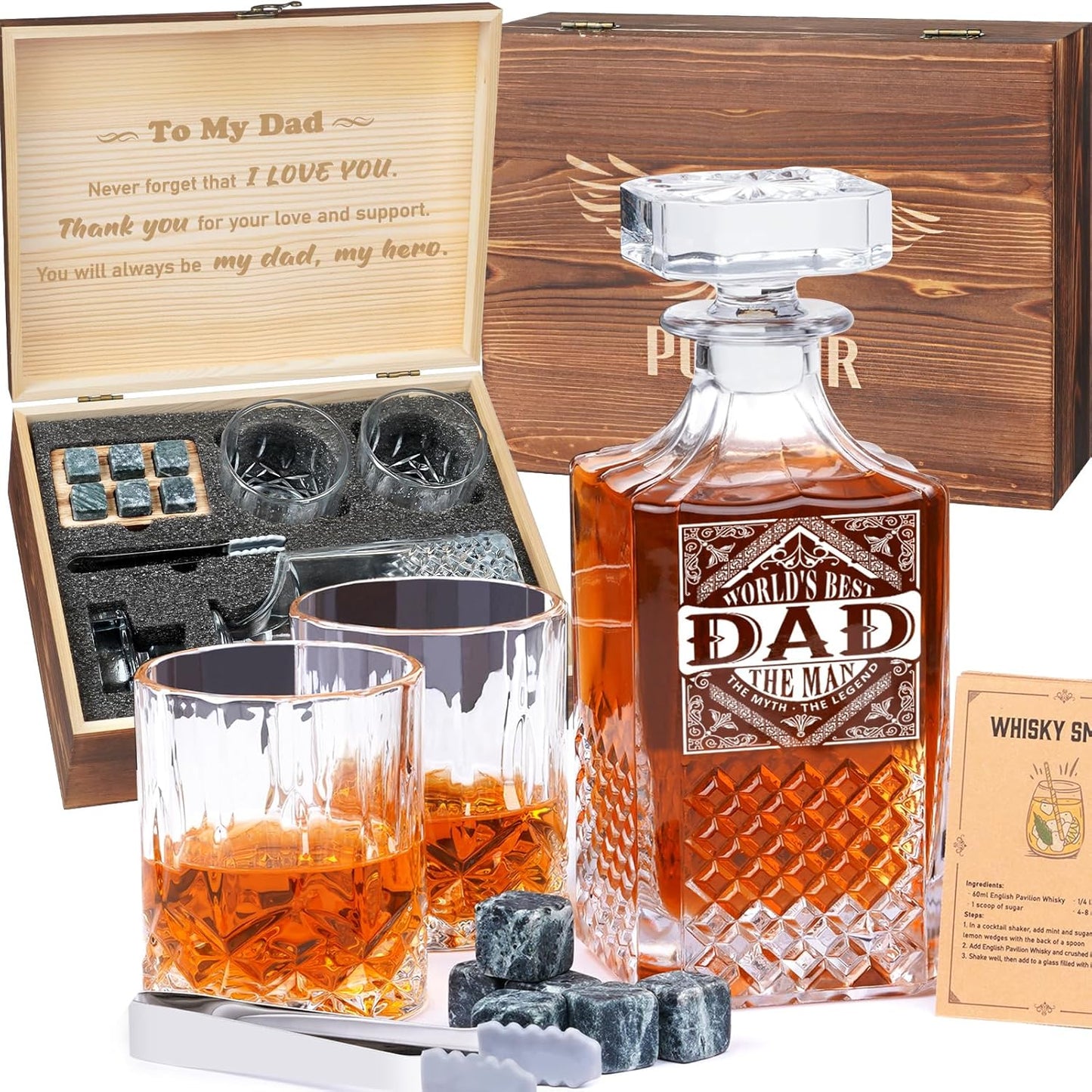 Gift Whiskey Decanter Set with 2 Glasses, Unique Cool Dad Birthday Gift from Daughter Son, Best Christmas Retirement Present for Man Father