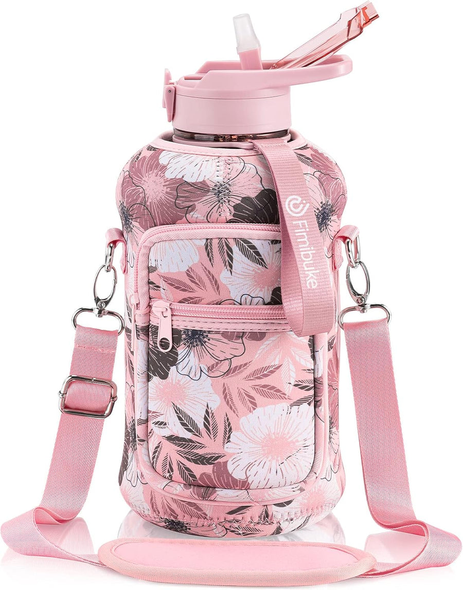 Fimibuke Half Gallon Water Bottle with Sleeve 64 OZ Water Bottle with Handle & Straw Leakproof Motivational Sports Gym Water Bottle with Time Marker BPA Free Water Jug with Reusable Neoprene Holder