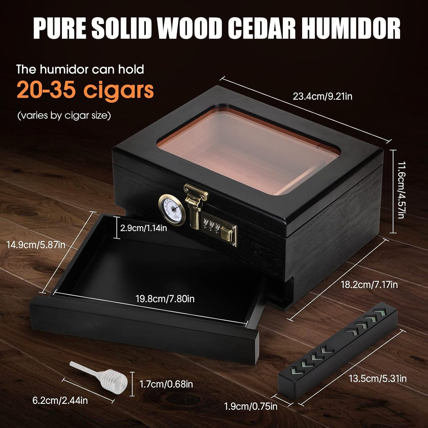 Cigar Humidor, Cedar Wood Humidor Cigar Box, Glass Top Desktop Humidor with Front Hygrometer, Humidifier, Divider, Accessories Drawer and Combination Lock, Cigar Gifts for Men (Black)