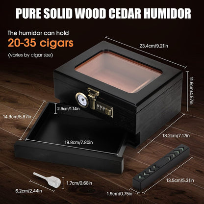 Cigar Humidor, Cedar Wood Humidor Cigar Box, Glass Top Desktop Humidor with Front Hygrometer, Humidifier, Divider, Accessories Drawer and Combination Lock, Cigar Gifts for Men (Black)
