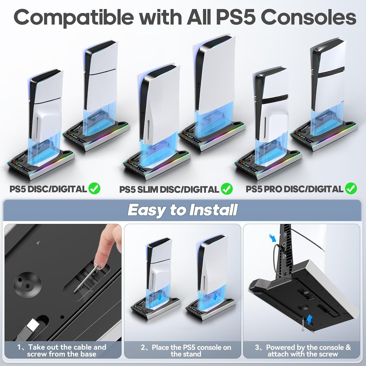 Ps5/Slim/Pro Cooling Station with Auto Turbofan & 3-Level Speed, PS5 Vertical Stand Cooling Fan Station with Controller Charger, Accessories Base Cooler Docking Station for Sony Playstation 4 Charger