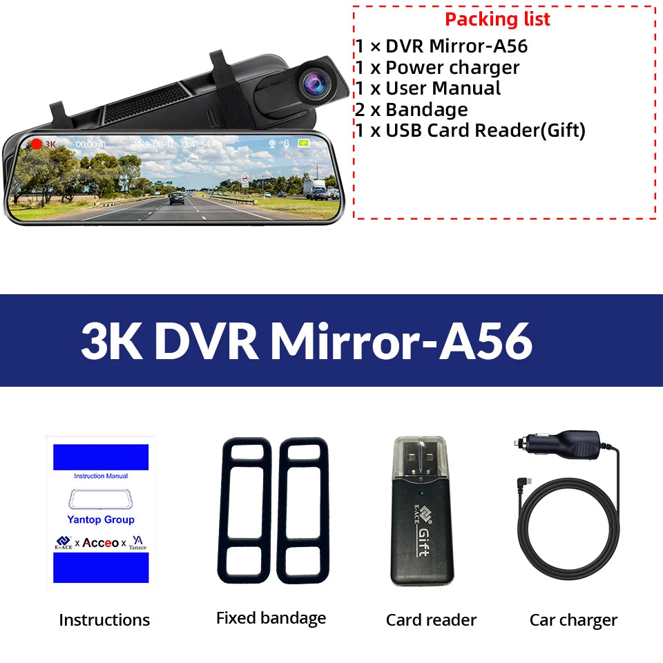 E-ACE 3K+2.5K DVR Mirror for 10"Dash Cam Recorder Optional Rear Camera Night Vision Hisllicon Chip GPS WIFI 24H Parking Monitor