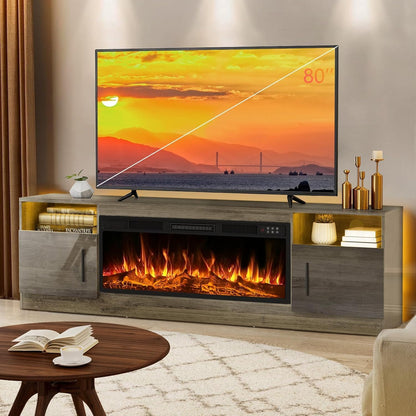 LEMBERI Fireplace TV Stand for up to 65 Inches Tvs, LED Modern Entertainment Center with Built-In Electric Fireplace Heater & Adjustable Glass Shelves, Media Console for Living Room, Grey