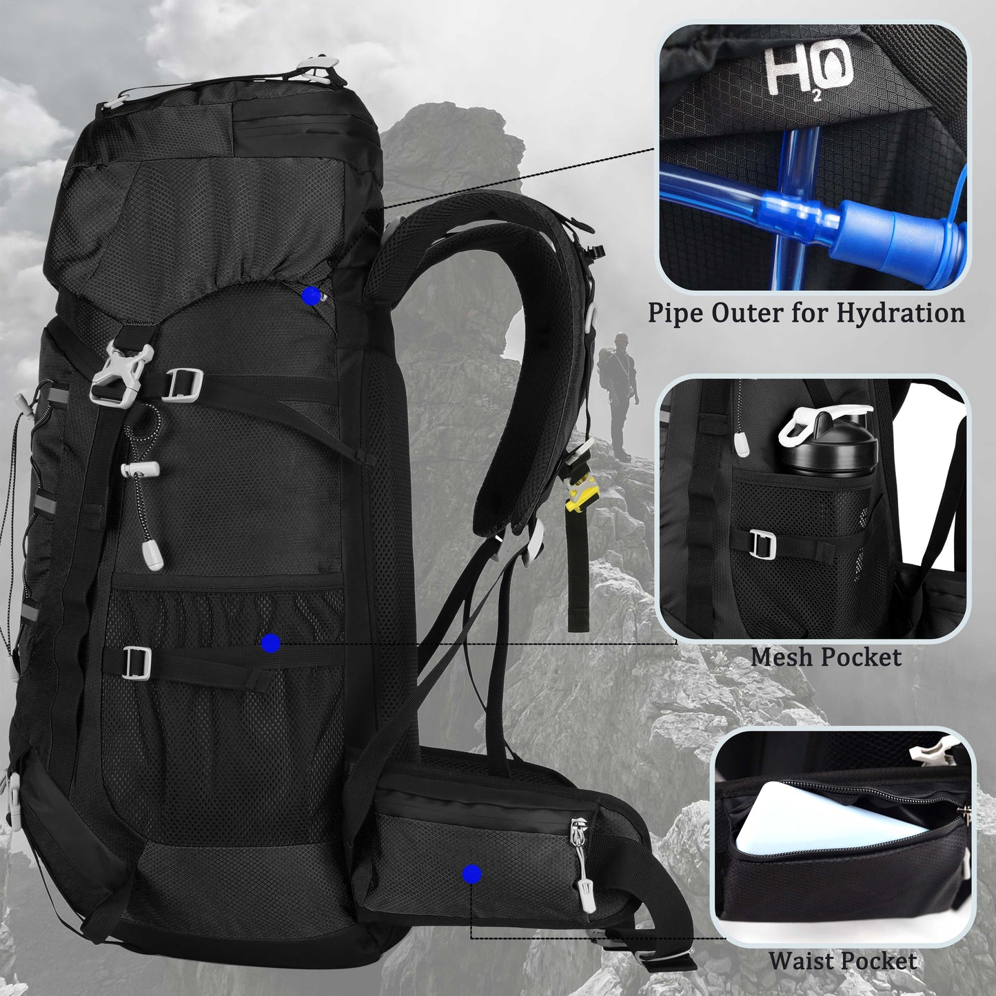 60L Travel Hiking Camping Backpack with Rain Cover, Backpack Water Resistant,Climbing Backpack for Men Women